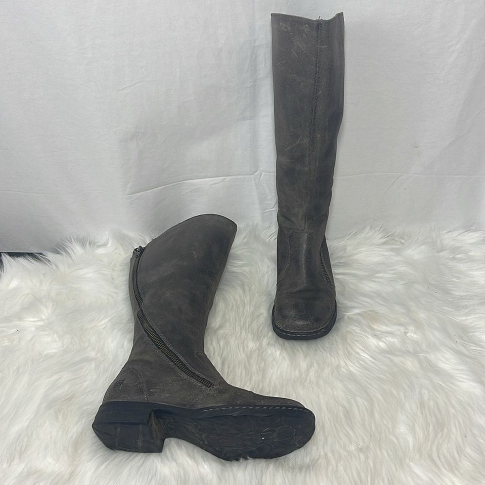 Born Distressed Brown Asymmetrical Zip Knee High Boots Sz 6.5